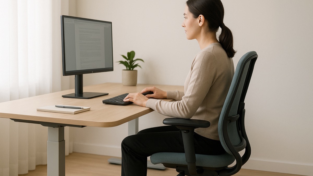 Ergonomischer Bildschirmarbeitsplatz: aufrechte Sitzhaltung, Monitor in Augenhöhe, höhenverstellbarer Schreibtisch